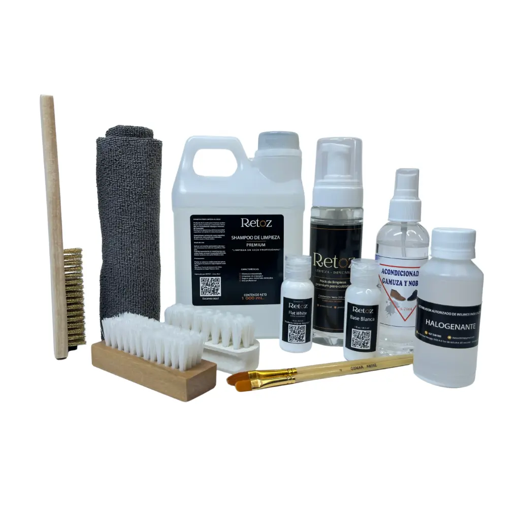 Kit de Limpieza (Gamuza y Cuero + 1 Litro de Shampoo Premium + Kit Blanqueador de Suelas 